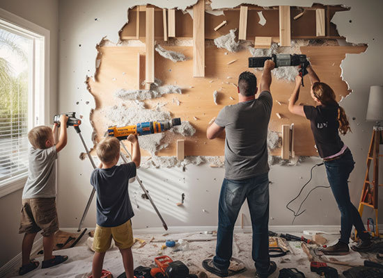 a family making home repairs together