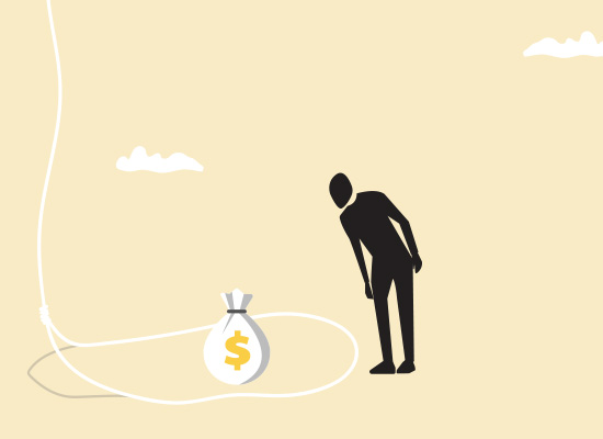 A silhouette of a person leaning forward, looking at a bag of money tied to a string as bait on a simple beige background with minimal white cloud shapes.