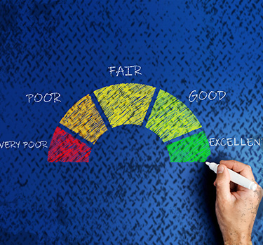 A hand draws a colorful credit score meter ranging from 'Very Poor' to 'Excellent' on a blue background, illustrating different levels of creditworthiness relevant to retirement planning.