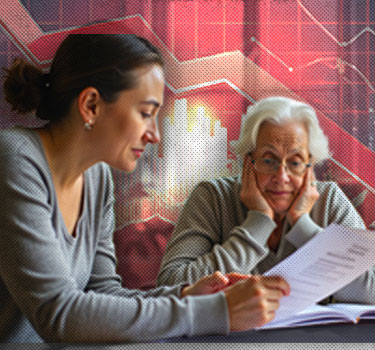 A concerned elderly woman and her daughter review financial documents, with a background of declining stock charts