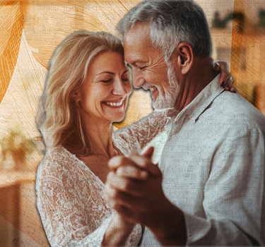 An older couple dancing intimately in a warmly lit home, symbolizing retirement-age newlyweds navigating late-life marriage