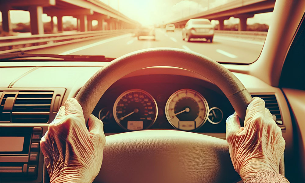 an elderly pair of hands on a steering wheel