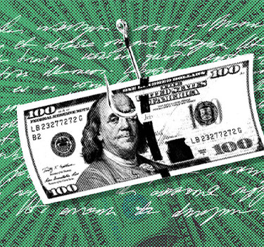 A $100 bill pierced by a fishhook is set against a vibrant green background with textured detailing, subtly hinting at the dangers of inheritance fraud.