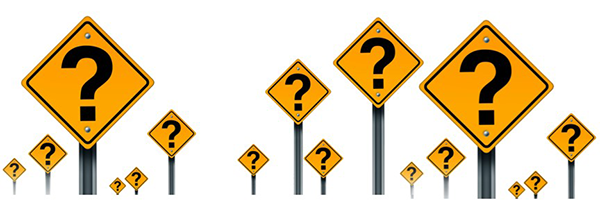 Many question mark road signs of different sizes