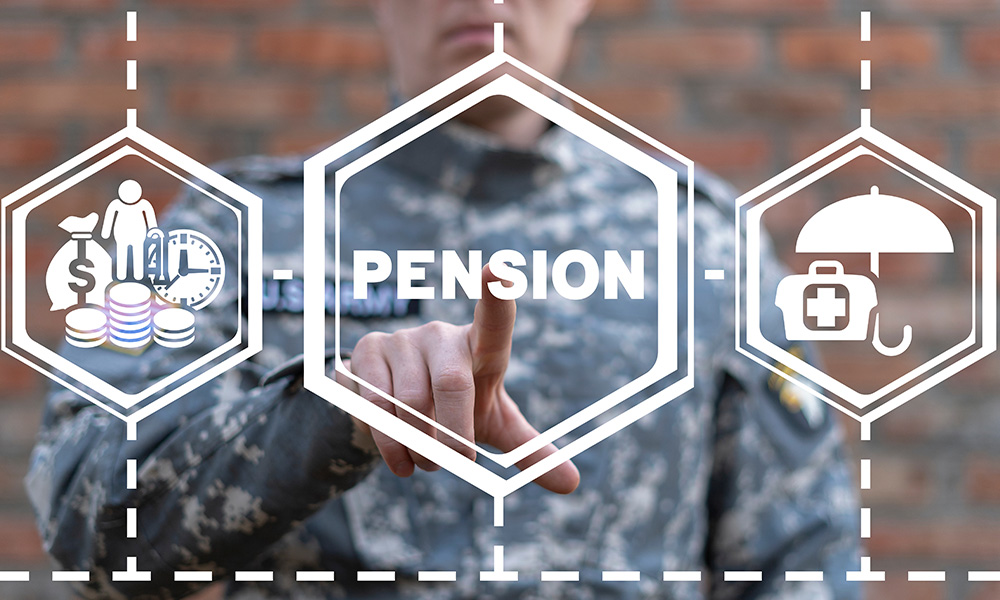 A veteran in uniform points to a digital interface highlighting 'PENSION,'