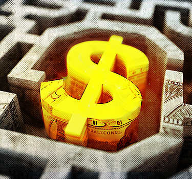 A glowing dollar sign at the center of a maze