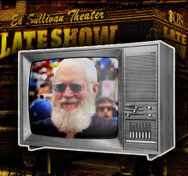 A retro television screen displays an image of an older, bearded David Letterman