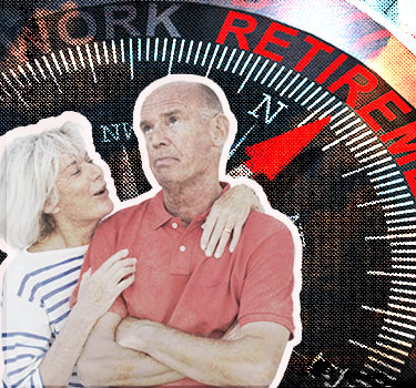A senior couple stands in front of a retirement-themed compass, with the woman appearing cheerful and the man looking uncertain