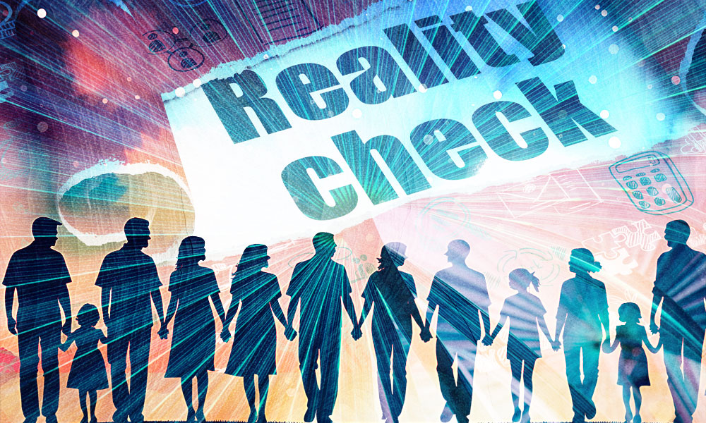Silhouettes of multiple generations holding hands under the words 'Reality Check,' 