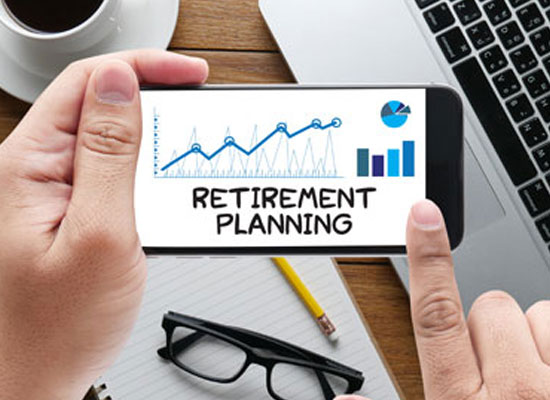 A smartphone displaying a graph labeled 'Retirement Planning,' emphasizing the importance of 401(k)s, IRAs, pensions, and working with financial professionals to ensure retirement confidence across generations.