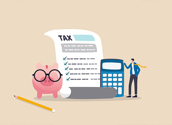 A cartoon graphic of a tax checklist with a man, calculator and a piggy back.