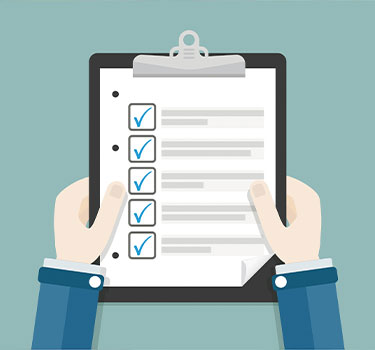 A cartoon graphic of someone holding a clipboard containing a checklist.