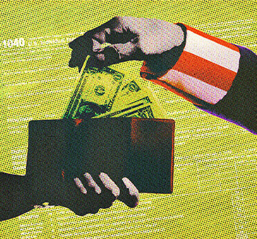 An illustrative image showing a hand in a suit sleeve taking cash from a wallet held by another hand, against a grainy yellow background, symbolizing taxes.