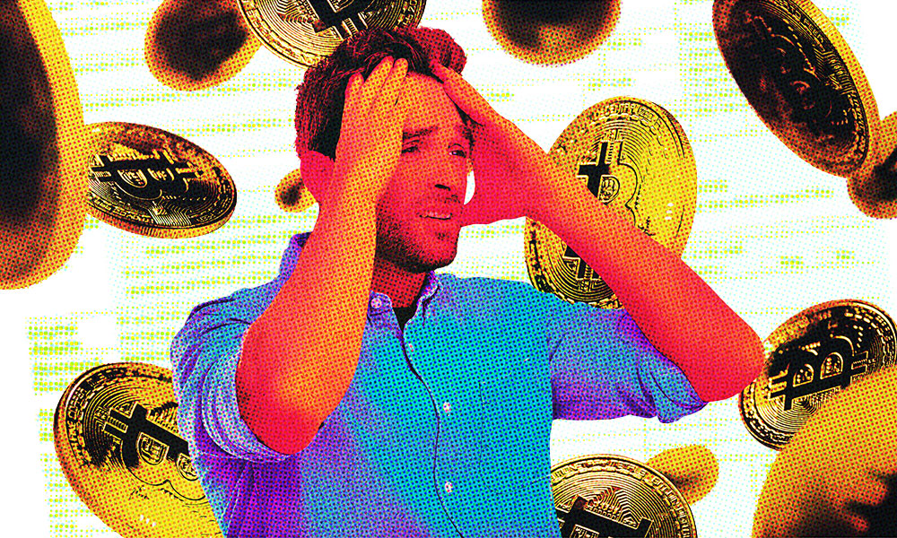 A distressed man holds his head among floating bitcoin symbols, illustrating worry or frustration about cryptocurrency issues and taxes, with a colorful distressed design backdrop.