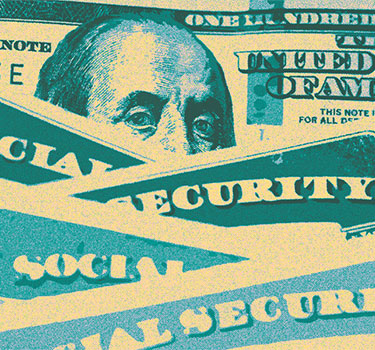 A close-up image features several Social Security cards partially covering a U.S. 100 dollar bill, highlighting the interplay between taxes and social security. The prominent partial face of Benjamin Franklin on the bill and the words 'Social Security' on the cards are clearly visible in a stylized, high-contrast color scheme.