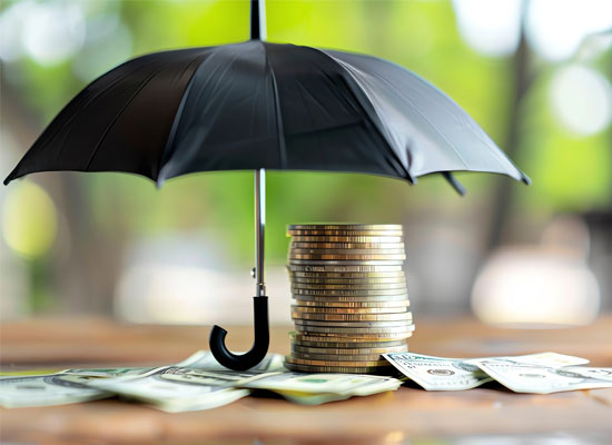 An umbrella shielding stacks of coins and cash, symbolizing retirement savings, budgeting, investing, and financial security for retirees managing income, assets, and health care costs.