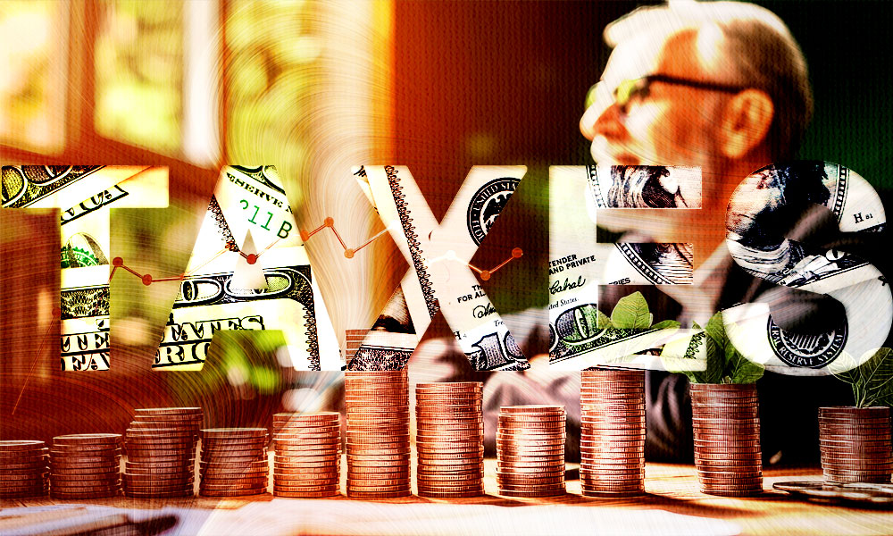 Illustration of tax planning concepts with the word 'TAX' overlaying dollar bills, stacks of coins, and graphs