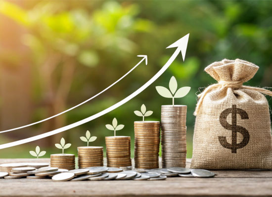 Growing stacks of coins with plant sprouts and a money bag, illustrating retirement savings growth through tax-deferred accounts, Roth IRAs, and estate planning strategies.